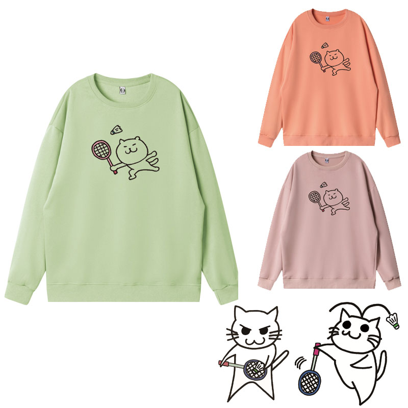 羽毛球服长袖球衣套头男女队服周边秋冬定制白色情侣装卡通猫保暖