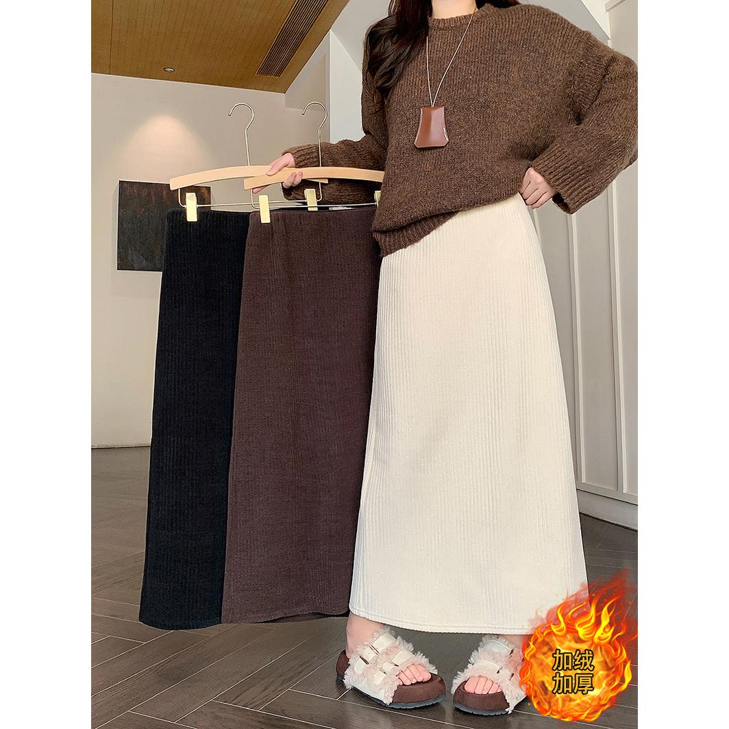 秋冬新款胖mm大码女休闲百搭纯色加绒加厚灯芯绒半身裙
