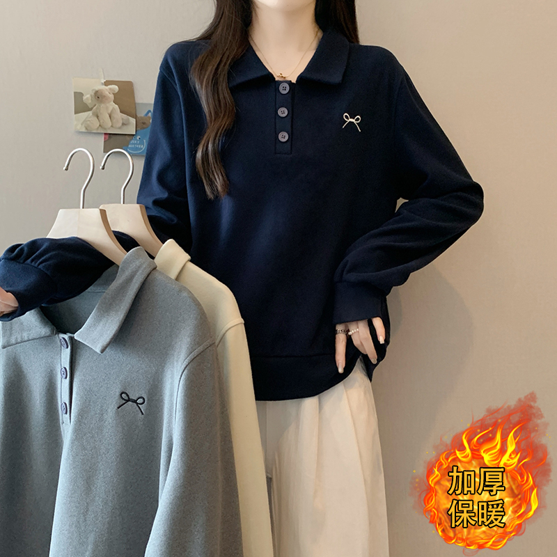 秋冬新款胖mm大码女加厚保暖时尚休闲刺绣polo领长袖上衣