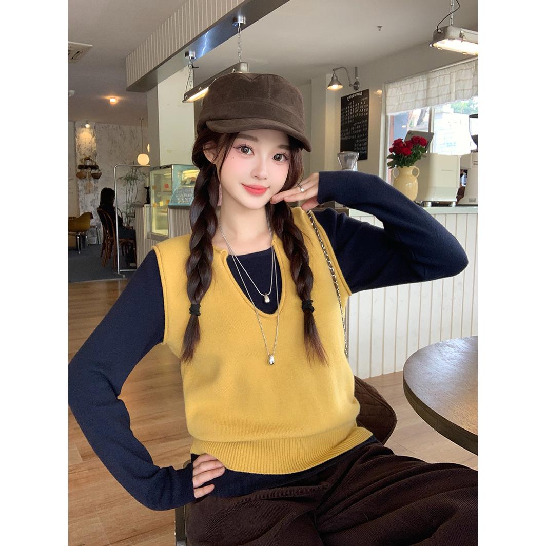 秋冬新款胖mm大码女时尚叠穿马甲内搭长袖针织上衣两件套