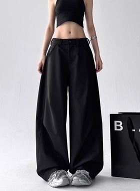 美式复古通勤百搭黑色直筒阔腿西裤女2025宽松直筒高级感休闲裤