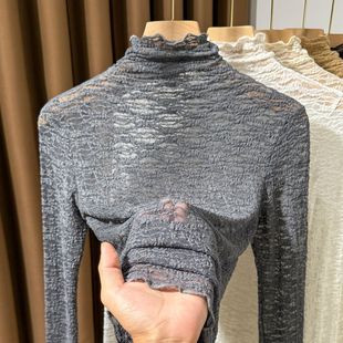 木耳边高领蕾丝打底衫女高级感提花纱衣薄款叠穿内搭网纱t恤上衣