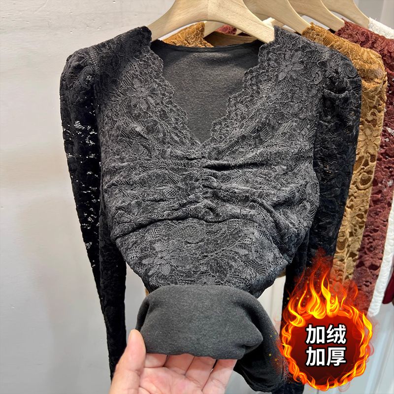 大码加绒加厚长袖蕾丝衫女裝胖mm秋冬季植绒V领网纱内搭t恤打底衫