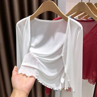 连衣裙外搭蕾丝披肩空调衫 女裝胖mm新款 上衣 冰丝网纱防晒开衫 大码