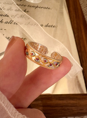 足银戒指9999开口心经珐琅描金繁花纯银戒指 可调节高工艺戒指