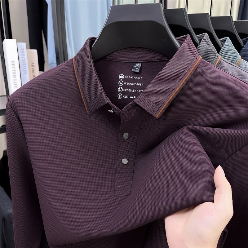 2025秋装新款长袖t恤男翻领中年爸爸装宽松红色有领子上衣POLO衫