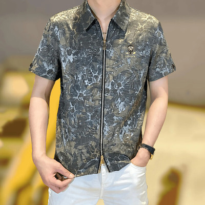 夏季男士休闲时尚花朵雕花双拉链薄款冰丝翻领短袖T恤拉链开衫