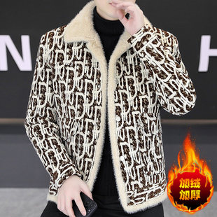 冬季加绒加厚毛衣大衣男士潮牌高档翻领短款提花保暖呢子外套棉服