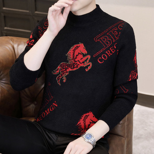 秋冬季毛衣男士半高领时尚潮流战马提花打底针织衫保暖中领毛线衣