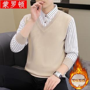 假两件针织衫 秋冬季 休闲保暖修身 领毛衣男青年韩版 加绒加厚衬衫