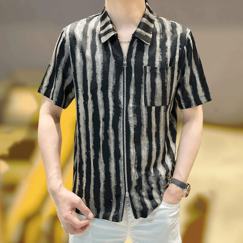 欧货高档夏季冰丝缎面丝滑条纹短袖衬衫休闲免烫抗皱衬衣男t恤衫