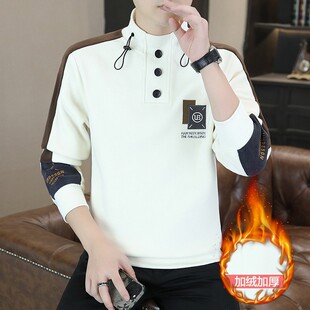 刺绣拼接卫衣男士秋冬季新款加厚奥粒绒立领长袖打底衫保暖上衣