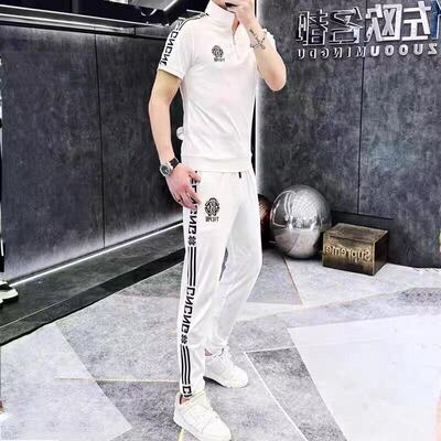 欧版短袖运动套装男士夏季新款潮牌休闲半拉链T恤两件套轻奢一套