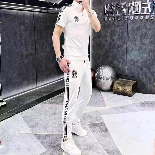 欧版短袖运动套装男士夏季新款潮牌休闲半拉链T恤两件套轻奢一套