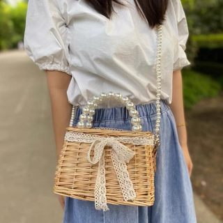 珍珠包包ins同款草编包手工编织手提包夏季流行小方包女包单肩包