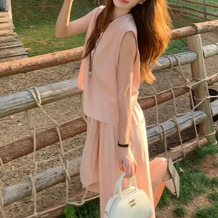 西柚粉超漂亮无袖上衣阔腿裤套装两件套女2026年夏季法式温柔俏皮