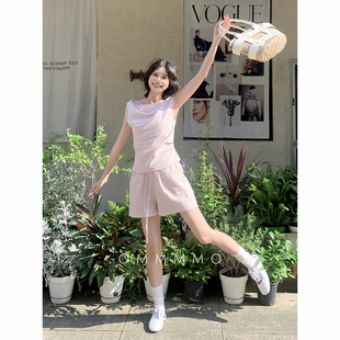 温柔淑女风粉色女套装无袖宽松背心上衣短裤休闲气质夏季两件套