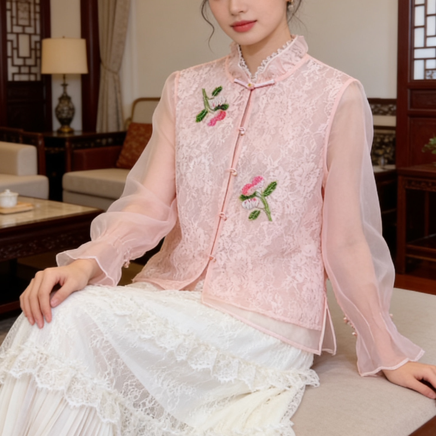 真丝桑蚕丝新中式粉色立领衬衫外套重工刺绣春夏新款国风上衣女