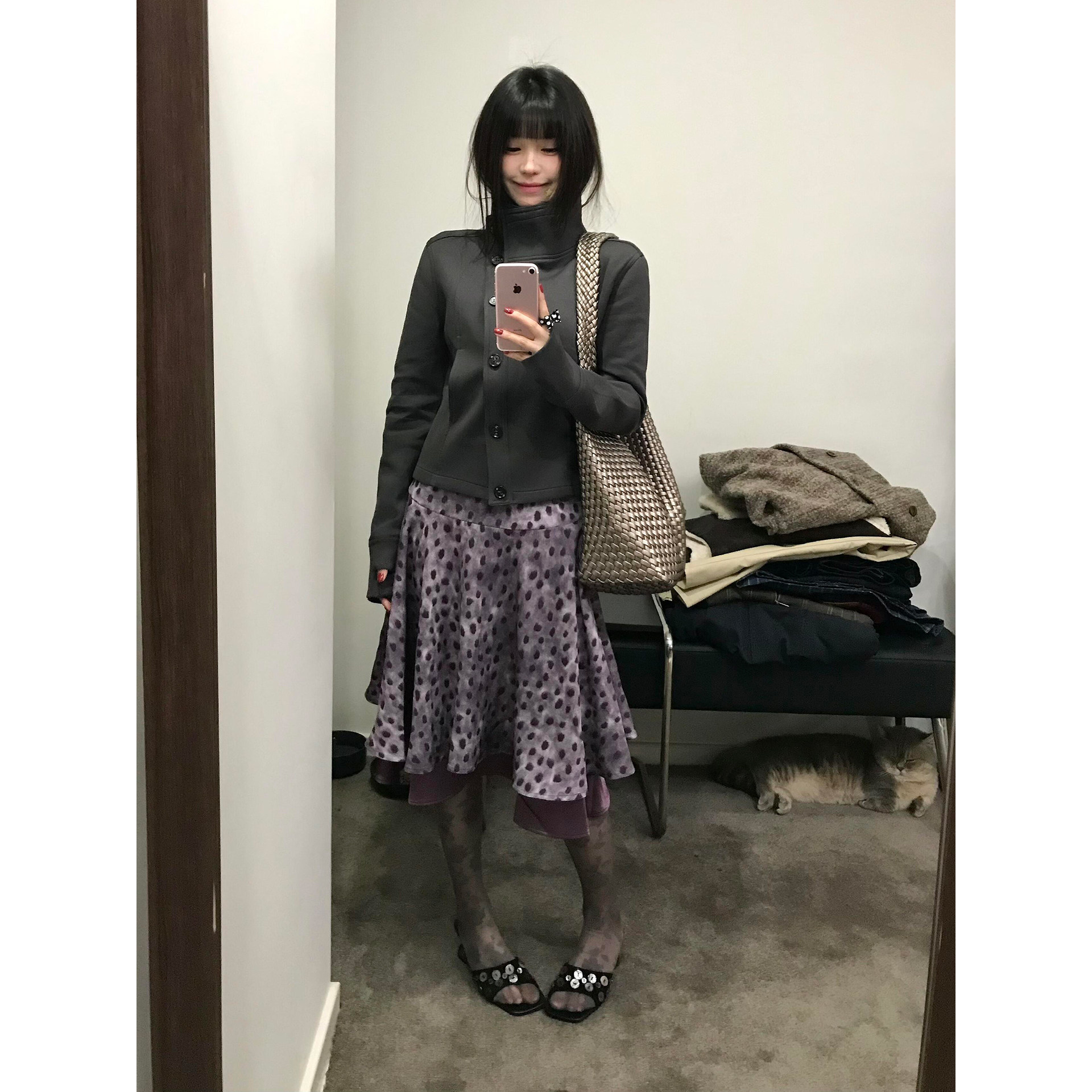 日系复古风小众葡萄紫中腰半身裙女春文艺风双层缎面波点休闲中裙