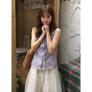 甜美日系紫色格子背心衬衫女夏小个子学生蝴蝶结修身短款吊带上衣