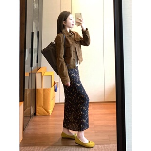 自制琥珀流光风复古棕色碎花半身裙港味气质通勤显瘦开叉直筒长裙