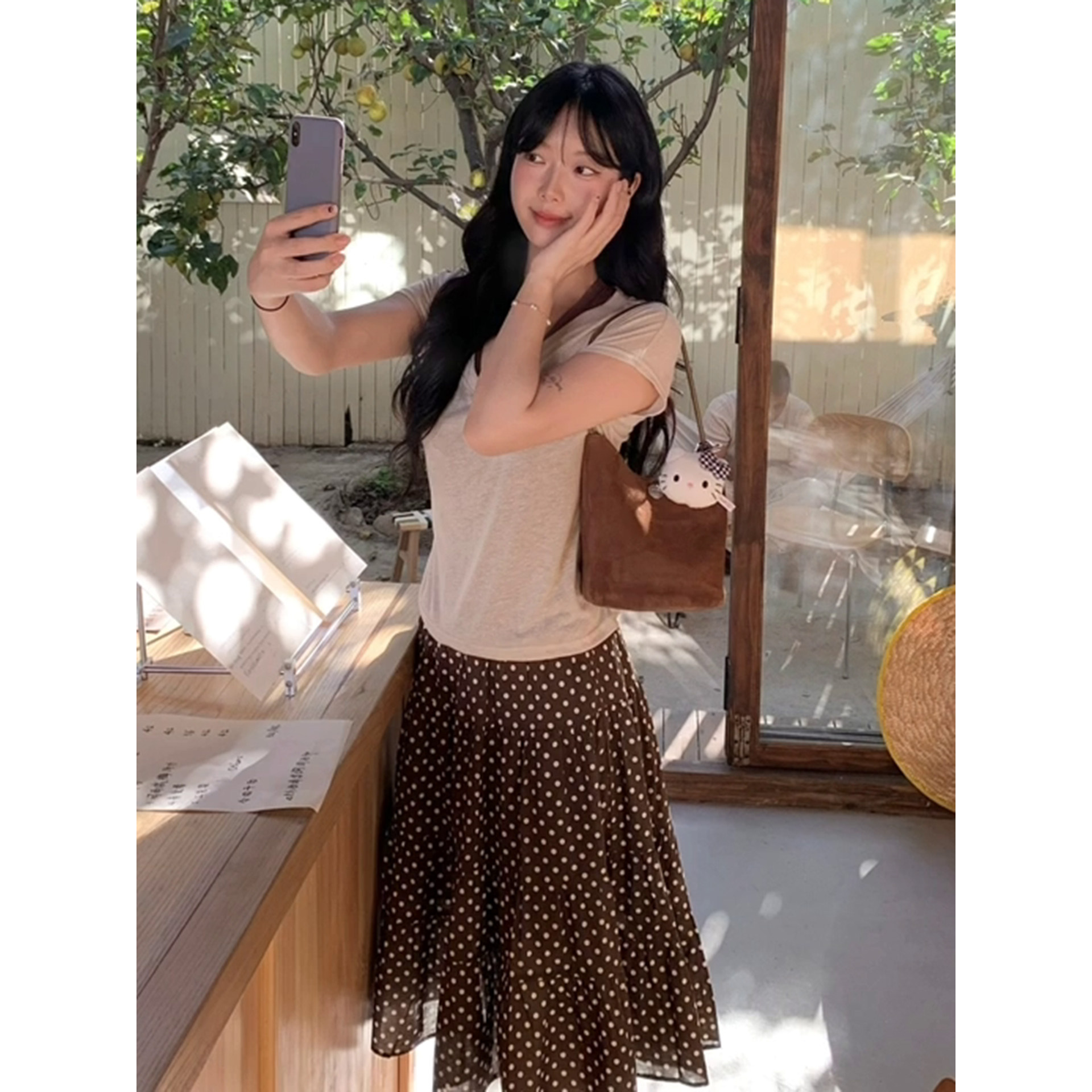 日系少女感棕色波点印花拼接中裙夏复古简约小个子显瘦高腰半身裙