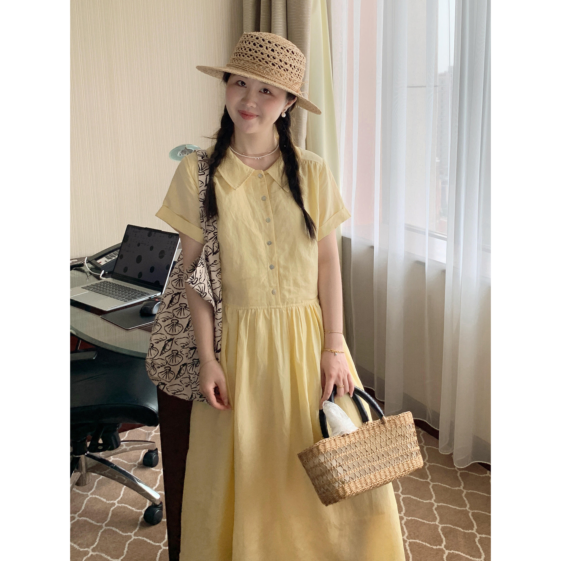 自制日系少女奶油黄翻领短袖衬衫裙春夏松弛慢人风收腰系带连衣裙
