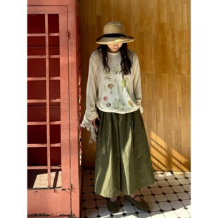 自制日系复古军绿色裤 裙宽松休闲显瘦学院风春夏百搭抹茶绿半身裙