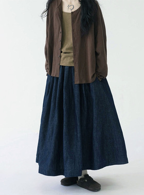 自制日系复古A字牛仔半身裙女深蓝色工装风高腰显瘦中长款伞裙子