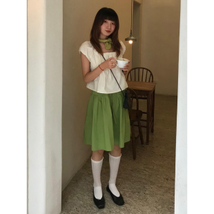 日系小个子抹茶绿拼接半身裙夏设计感学院风少女显瘦牛油果绿中裙