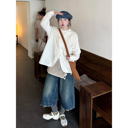 小众设计感斜门襟弧形下摆衬衫女