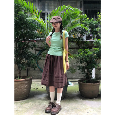 慵懒风复古咖色压褶中长半身裙