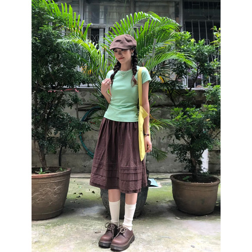 慵懒风复古咖色压褶中长半身裙