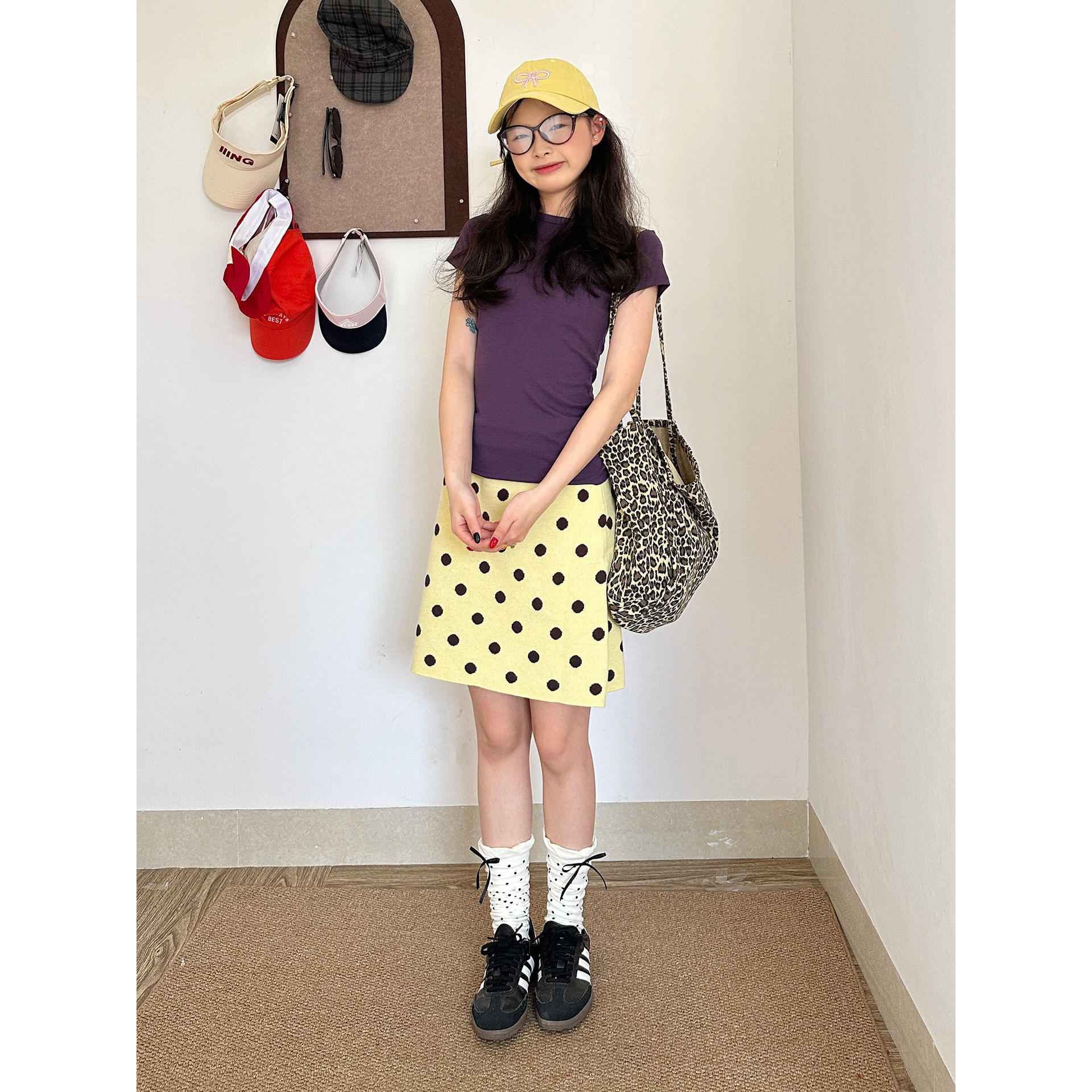 日系软妹甜美风奶油黄色波点半身裙女春可爱风文艺显瘦直筒针织裙