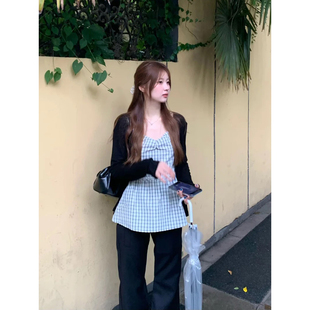 甜美日系蓝色格子无袖 上衣 衬衫 女夏设计感叠穿格纹气质温柔吊带衫