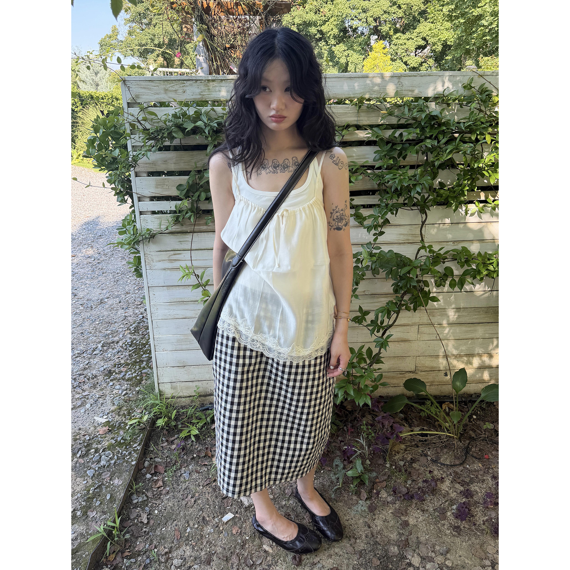 日系复古黑白格子后开叉半身裙女夏季学院风简约显瘦高腰直筒长裙