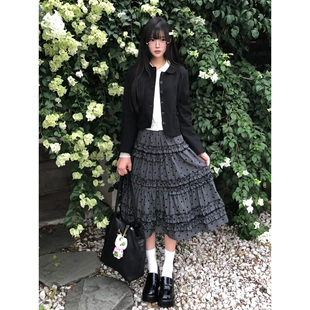 自制重工设计感灰色波点蛋糕裙女文艺复古木耳边小众中长款 半身裙