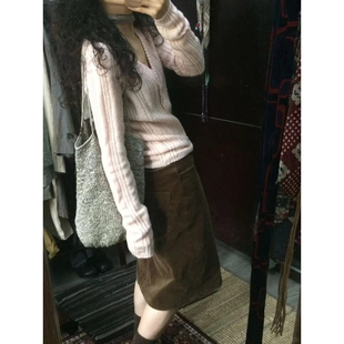 自制日系灯芯绒棕色不规则半身裙女秋设计感复古文艺高腰显瘦中裙