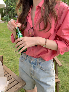 自制树莓粉色纯棉长袖衬衫女2023韩版宽松设计感梅子色长袖衬衣夏