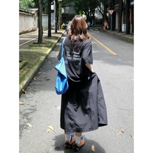 自制日系学生工装风黑色半身裙女甜美复古宽松显瘦休闲百搭中长裙