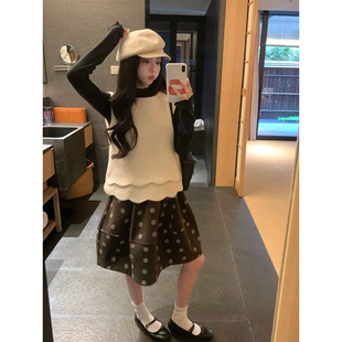 甜美日系棕色碎花毛呢蓬蓬半身裙女秋冬加厚复古拼接五分花苞中裙