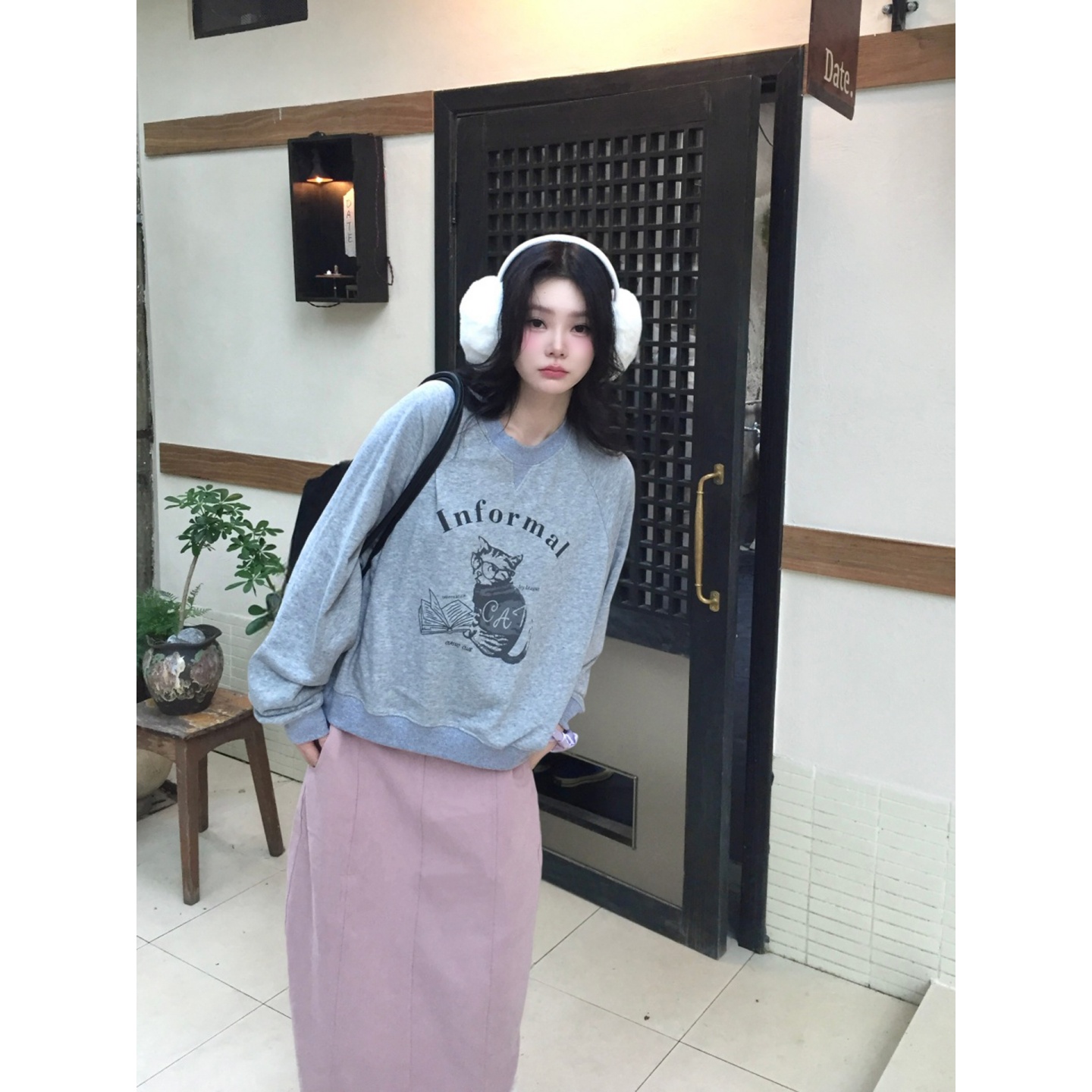 美式小猫印花高级感灰色卫衣无帽