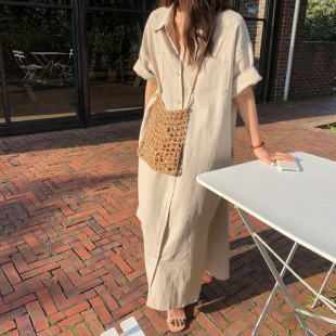 自制米杏色日系甜美少女感連衣裙女夏季 裙 小個子可甜可鹽垂感襯衫