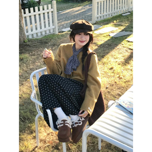 自制甜美日系黑色波点中长裙女秋冬设计感复古学生高腰a字半身裙