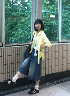 夏季清仓~甜美日系鹅黄色长袖衬衫女夏宽松慵懒风小众奶油黄衬衣