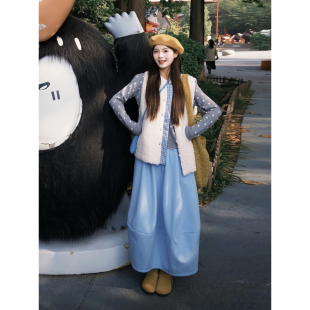 日系文艺天蓝色加厚毛呢半身裙女秋冬森系小清新学生呢子花苞裙子