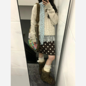 自制日系复古焦糖色波点高腰中裙女秋学院风系带棕色圆点半身短裙