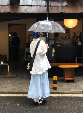 自制日系甜美天蓝色花苞裙女夏学院风空气感高腰中长款蓬蓬半身裙
