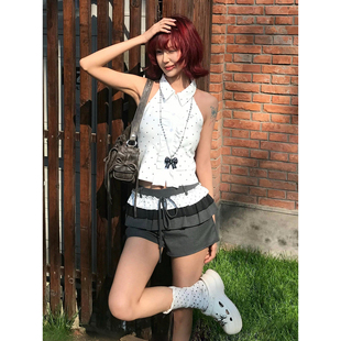自制甜美辣妹风无袖挂脖衬衫女夏小个子学生设计性感波点背心上衣