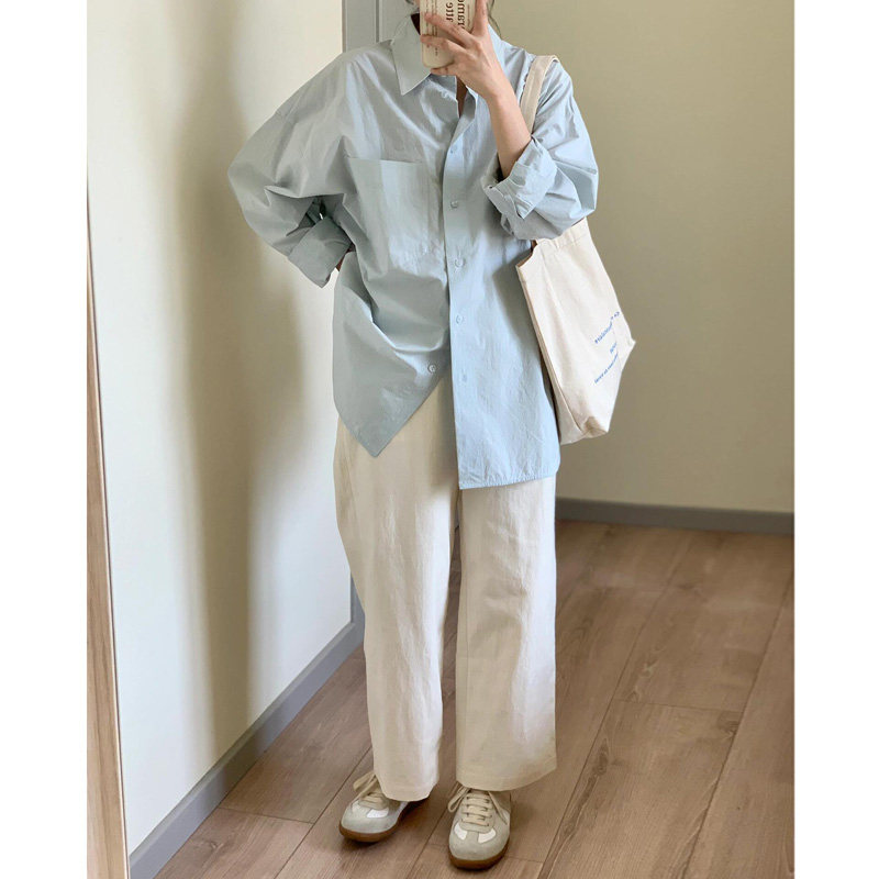 自制浅蓝色韩日系温柔长袖衬衫女慵懒风设计感宽松baby蓝休闲衬衣